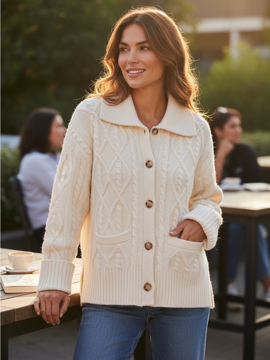 Abercrombie & Fitch Sweaters - Abercrombie & Fitch Ivory Cable Knit Collared Cardigan Sweater